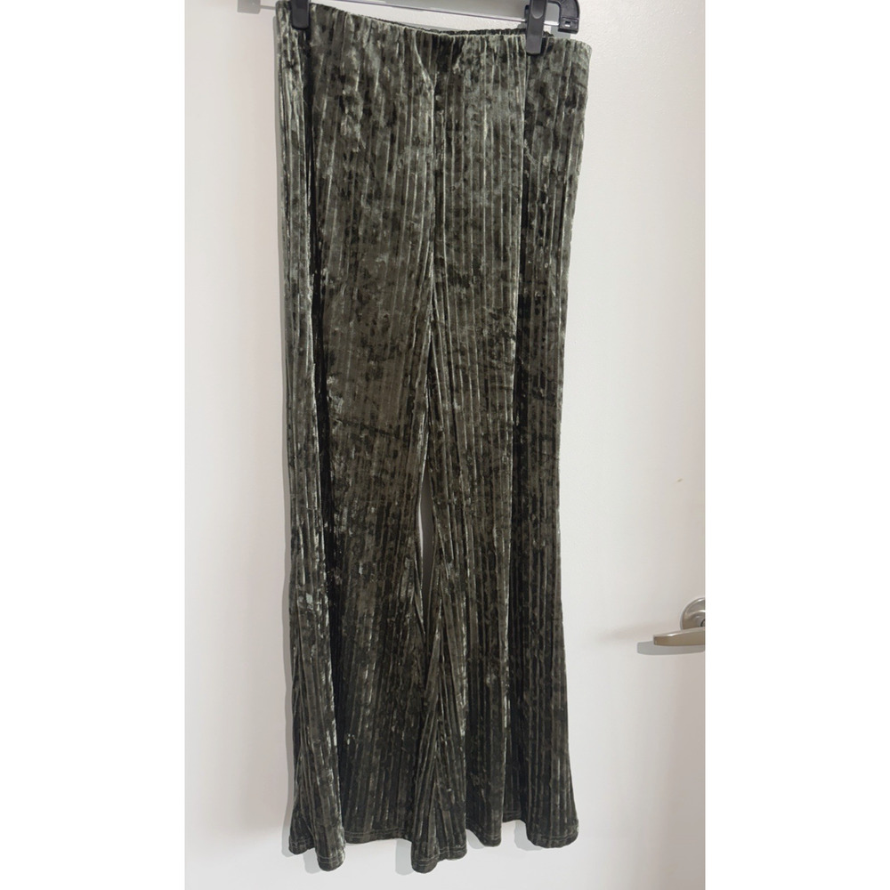 NWT Umgee Olive Green Pleated Crushed Velvet Wide Leg Pants Flare High Waist S - Picture 3 of 13